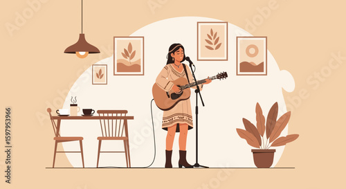 Female Musician Performing With Guitar And Microphone In Home Interior Setting