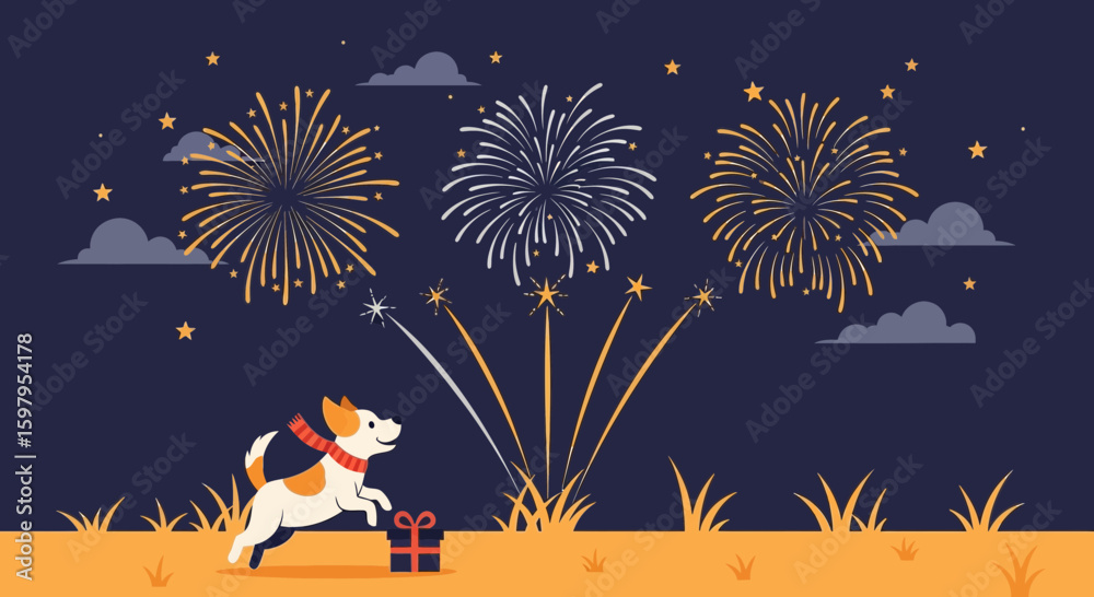 Fototapeta premium Happy Dog Celebrating New Year With Fireworks And Christmas Present Holiday Season