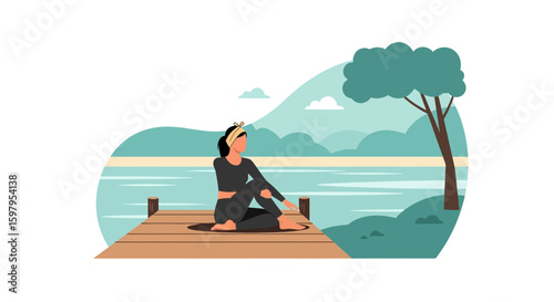 Mindful Relaxation Serene Woman Practicing Yoga On Wooden Pier By The Lake
