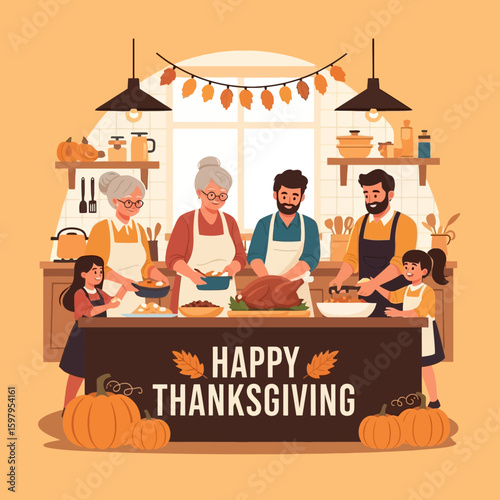 Family preparing Thanksgiving dinner together in a warm, inviting kitchen, with pumpkins and autumn decorations.