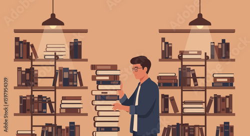 Man Arranging Books In Home Library Reading And Knowledge Conceptual Vector Illustration