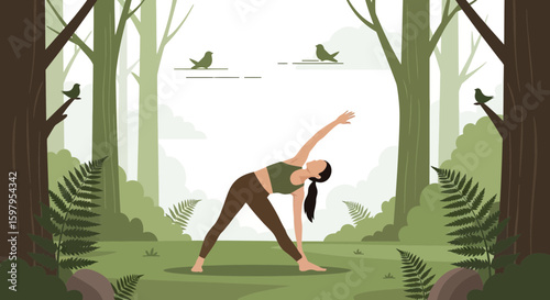 Mindful Woman Practices Yoga In Forest Surrounded By Nature And Birdsong