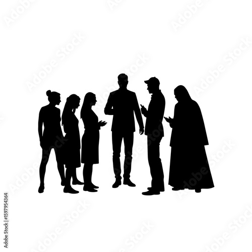 Silhouette of diverse people using smartphones, their forms outlined against white backdrop. Silhouette highlights modern society’s reliance on technology, gathering different individuals