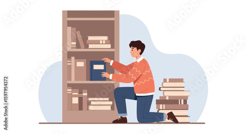 Man Arranging Books On Bookshelf At Home Education And Knowledge Concept
