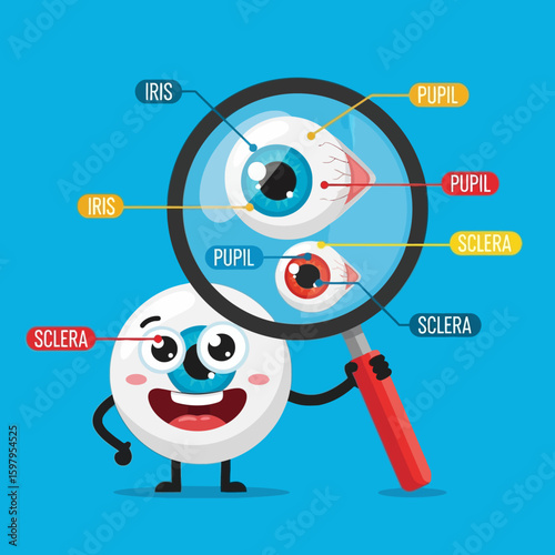 Cartoon illustration showing two eyes under a magnifying glass, with anatomical labels, and a smiling eye character.