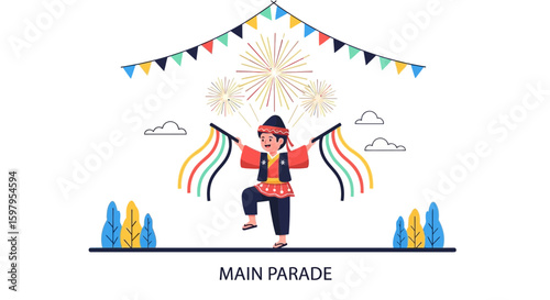 Festival Celebration With Traditional Dance Performance And Colorful Flags Display