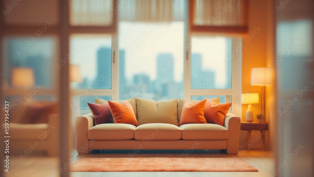 Fototapeta premium A cozy living room sofa with cushions in a warm lit room, viewed through glass doors. Furniture and interior decor. The concept of home comfort and interior design.