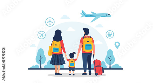 Happy Family Travel Adventure With Luggage And Airplane In The Sky Illustration
