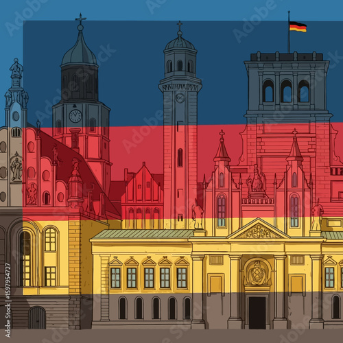 German Landmark: A patriotic depiction of a prominent German city landmark, blending national colors with architectural details.