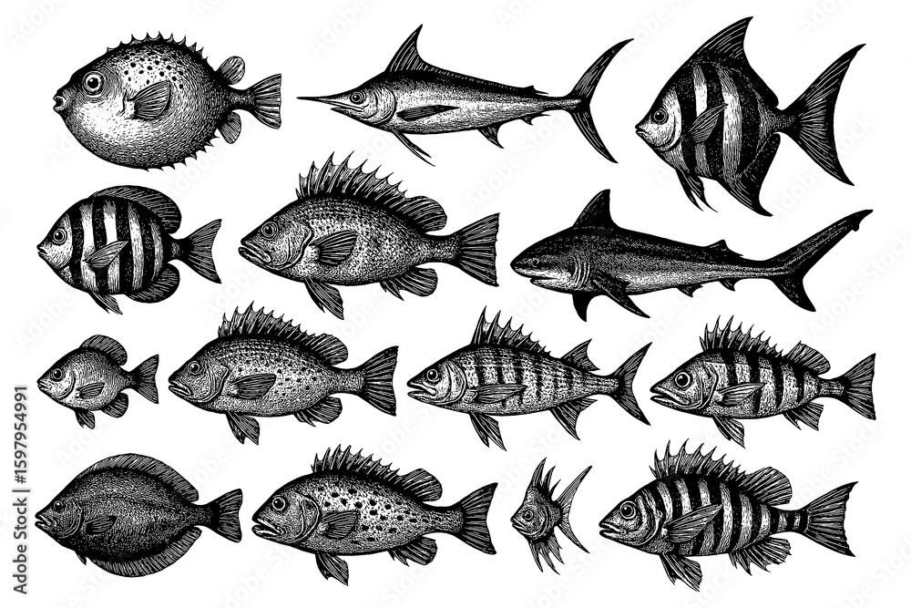 Fototapeta premium Variety of sea fish and marine creatures in vintage style, Transparent Background