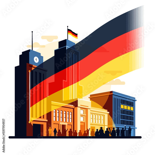 German Cityscape: A vibrant depiction of a cityscape adorned with the German flag, celebrating national pride and unity. The image evokes a sense of patriotism and cultural identity.