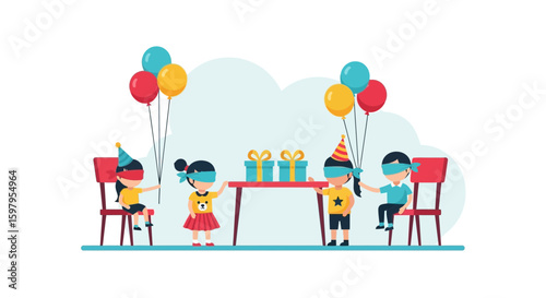 Happy Kids Play Game Pass Parcel At Birthday Party Celebration Event