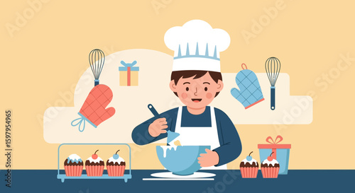 Happy Little Chef Preparing Treats And Confectionery In The Kitchen