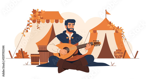Happy Minstrel Plays Lute Sitting Near Campsite Scene On Medieval Market Illustration