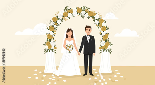 Happy Newlyweds Standing Under Floral Arch Wedding Celebration Ceremony Love