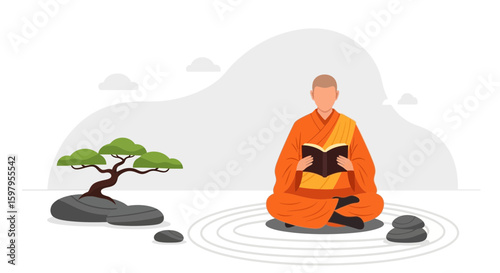 Monk Meditating In Zen Garden Reading A Book With Stones And Bonsai