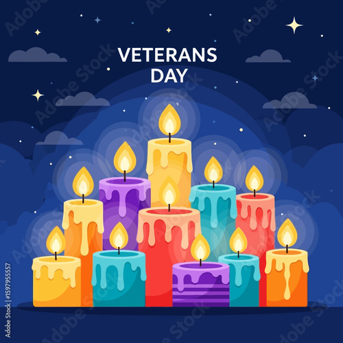 Veterans Day Remembrance Candles: An evocative illustration honoring Veterans Day, depicting a heartfelt tribute with a luminous array of multicolored candles against a star-studded night sky.