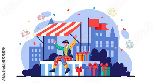 Festive Carnival Atmosphere With A Cheerful Clown And Gift Boxes In The City