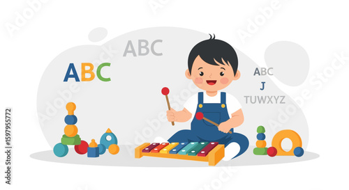Happy Toddler Plays Xylophone and Enjoys Learning Letters in Educational Environment