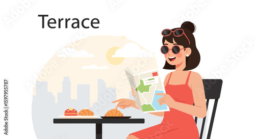 Happy Tourist Enjoying Breakfast On A Terrace While Reading The City Map