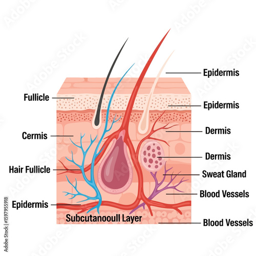 Human Skin Layers Illustration: A detailed illustration of human skin layers, revealing the epidermis, dermis, and subcutaneous tissue, along with key components like hair follicle, sweat gland.