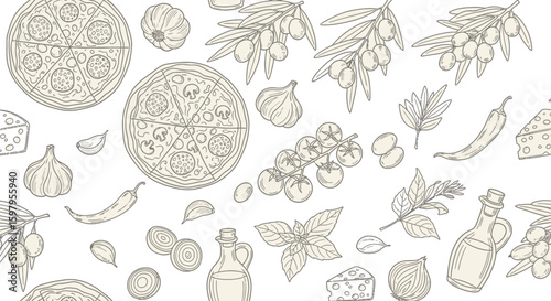 Pizza and Italian food ingredient seamless monochrome pattern design