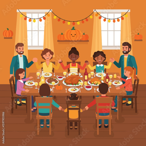 Thanksgiving Gathering: A heartwarming illustration of a family gathered around a table laden with a delicious Thanksgiving feast, celebrating gratitude and togetherness.