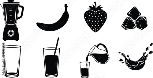 Smoothie preparation with blender, fruit, ice, and juice, vector design
