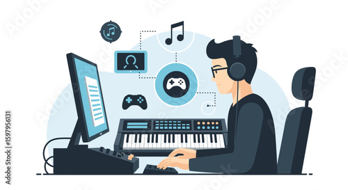 Man Composing Music With Keyboard And Computer Creating Multimedia Content