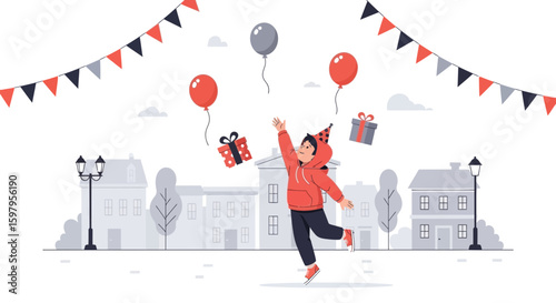 Festive Celebration In The Town Square Joyful Moments With Balloons And Gifts
