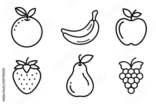 Simple line art fruit icons set with orange, banana, apple, strawberry, pear and grape. Black and white outline drawing for healthy food menu, organic product label and recipe book
