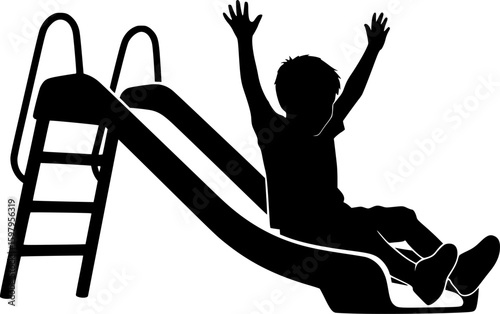 a silhouette of a child sliding down a slide
