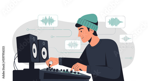 Man Creates Music With Audio Mixer And Studio Monitor Speakers Illustration