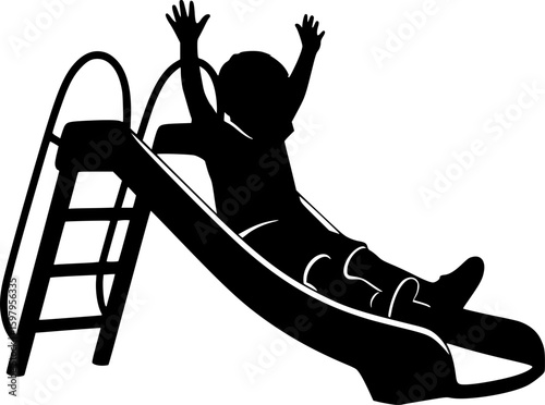 a silhouette of a child sliding down a slide