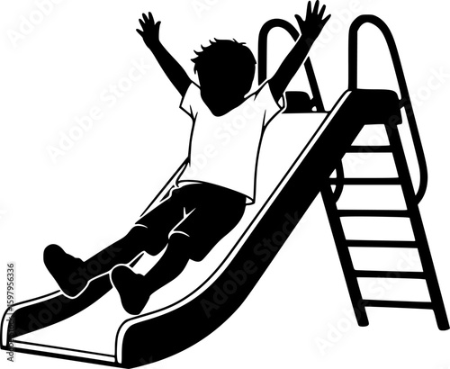 a silhouette of a child sliding down a slide