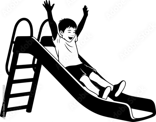 a silhouette of a child sliding down a slide
