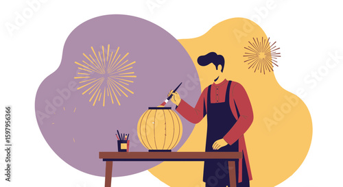 Man Decorating A Traditional Lantern With Brush For Lunar Year Celebration
