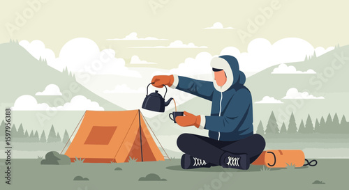 Morning Serenity Camping With Warm Drink Near Scenic Mountains And Misty Sky