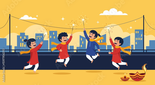 Festive Celebration: Joyful Children Enjoying Diwali With Sparklers And Traditional Diyas