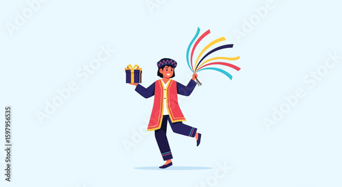 Happy Young Man In Traditional Outfit Presenting Gift With Joyful Expression
