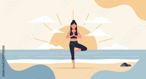 Morning Serenity Woman Practices Yoga Tree Pose On Sandy Beach At Sunrise
