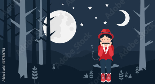 Harmonica Serenade Under Moonlight In The Forest Peaceful Night Scene