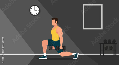 Man Doing Dumbbell Lunges At Home Fitness During Quarantine Training
