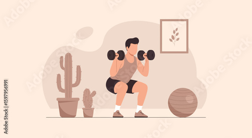 Man Doing Dumbbell Squats For Strength Training At Home Indoor Exercise