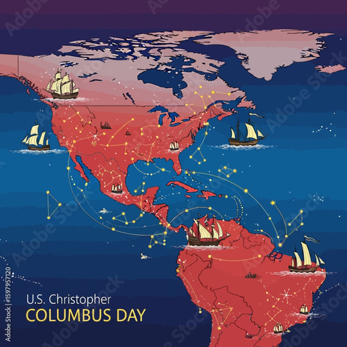 Columbus Day: A colorful illustration celebrating Columbus Day, showcasing historic ships navigating the sea routes across the globe, signifying exploration and discovery