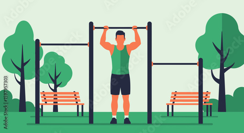 Muscular Man Exercising On Pull-Up Bar In An Outdoor Park Training