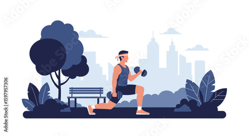 Man Doing Lunges With Dumbbells In Urban Park Exercise And City View