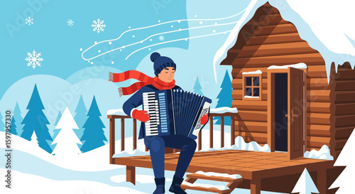 Harmonious Winter Serenade Man Plays Accordion Near Cabin In Snowy Landscape