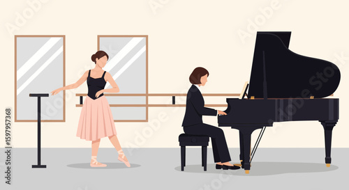 Harmony In The Studio Ballerina Practicing As Pianist Plays Musical Accompaniment
