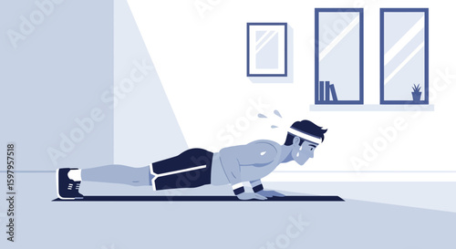 Man Doing Pushups At Home In A Modern Minimalist Interior Design